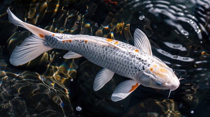 Elegant koi fish with delicate patterns glides peacefully through the clear, reflective waters of a tranquil pond.
