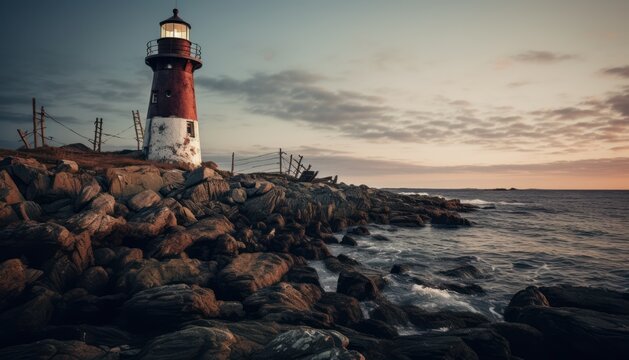 A classic red and white lighthouse stands tall on top of a rocky shore, overlooking the tumultuous waters. The weathered textures of the lighthouse blend with the rugged rocks beneath.