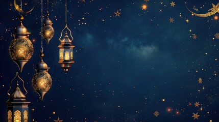 Fototapeta premium Light Navy and Gold Islamic Illustration Background With Copy Space