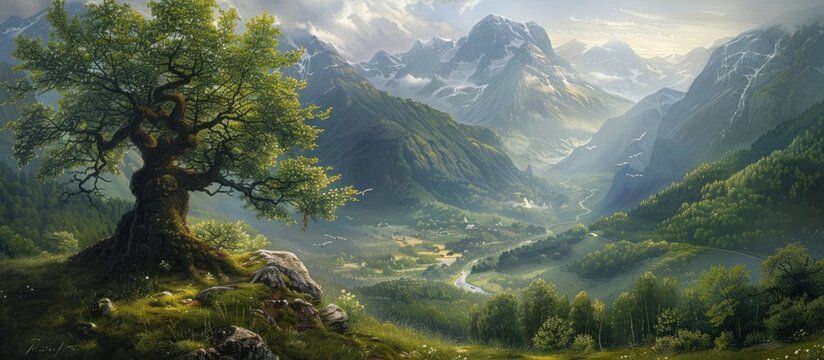 A detailed painting of a mountain valley featuring a tree in the foreground, capturing the essence of nature and landscape.