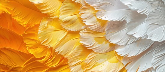 A detailed view of a wall covered in a variety of vibrant feathers in different shapes, sizes, and colors.
