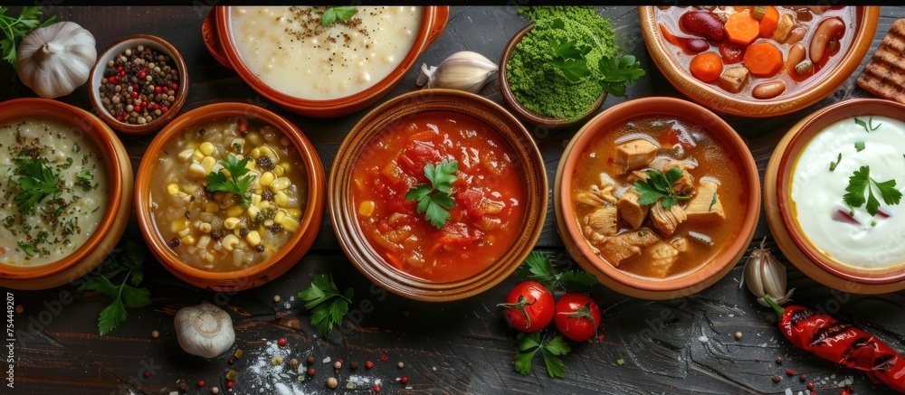 Poster a table displaying an assortment of food bowls filled with different types of dishes.