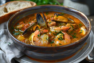 Mediterranean Seafood Soup in Warm Tones, To convey the authenticity, richness, and warmth of Mediterranean seafood cuisine, and the pleasure and - obrazy, fototapety, plakaty
