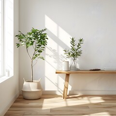 Minimalist Interior with Potted Plants and Sunlight, To showcase a serene and decluttered home environment that highlights the beauty of minimalist