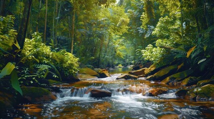 Obraz premium A river with a lush green forest on either side. The water is clear and the sunlight is shining through the trees