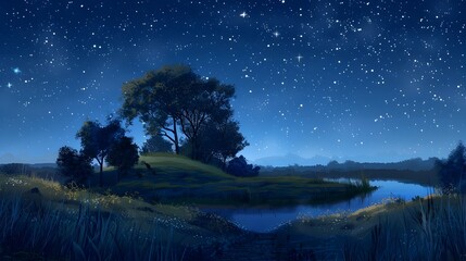 Starry Night over Tranquil Countryside Meadow with Small Lake