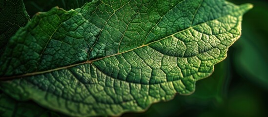 Obraz premium A detailed close up of a vibrant green leaf, showcasing its intricate veins and vibrant color.