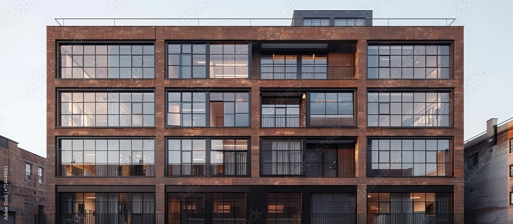 Poster a tall brick building with numerous windows, showcasing its architectural design and functionality.