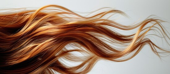 Close-up view of a womans light brown hair billowing in the wind.