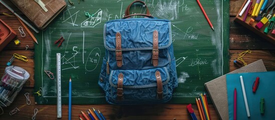 A blue backpack neatly rests on top of a green chalkboard in a classroom setting.