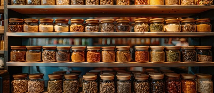 Various jars filled with spices and condiments neatly arranged on a shelf.