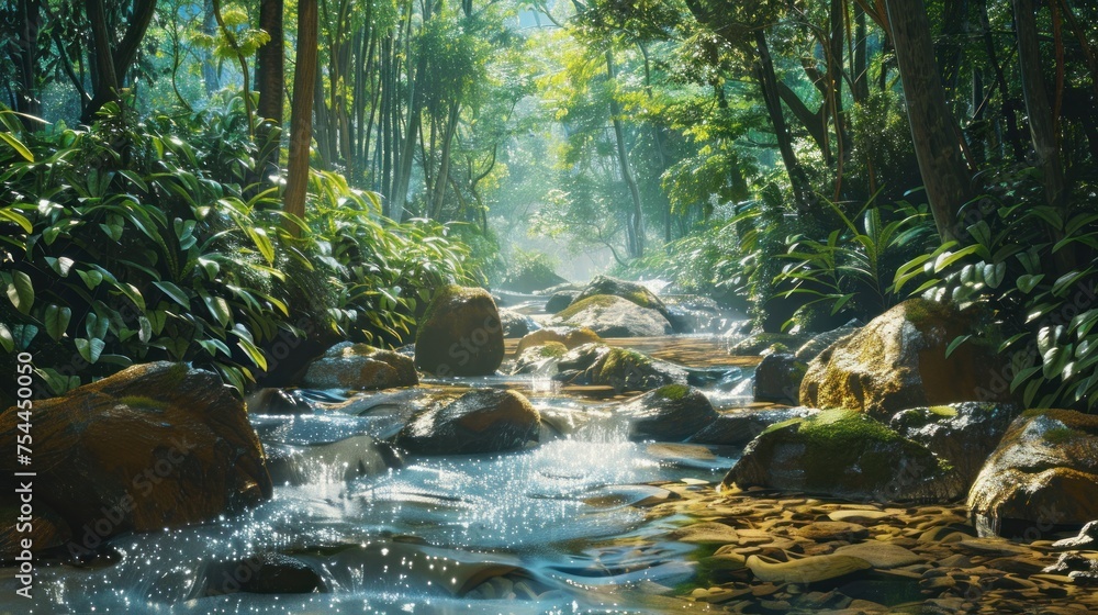 Poster a stream of water flows through a forest with rocks and plants. creating a peaceful and serene atmos