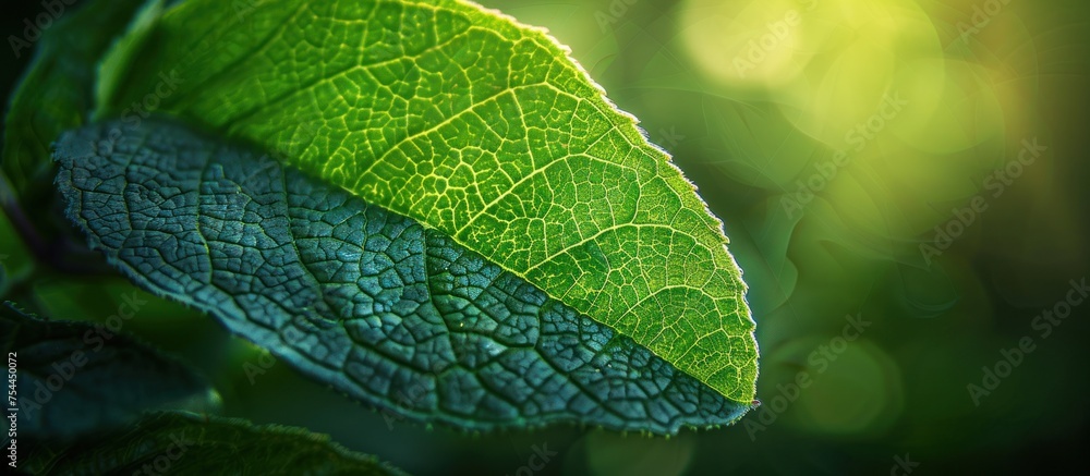 Poster a vibrant green leaf is photographed up close, with a blurred background adding depth. the intricate