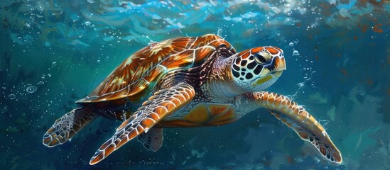A painting depicting a juvenile green sea turtle gracefully swimming in the ocean.
