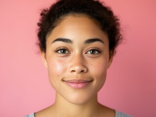 A woman with brown hair and brown eyes is smiling at the camera. She has a pink background