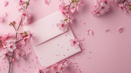 greeting card design. pink flowers on a pink background and envelope,generative ai, generative,ai