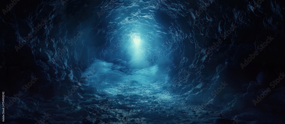 Poster a dark tunnel illuminated by a distant light at the end, creating a stark contrast between darkness 