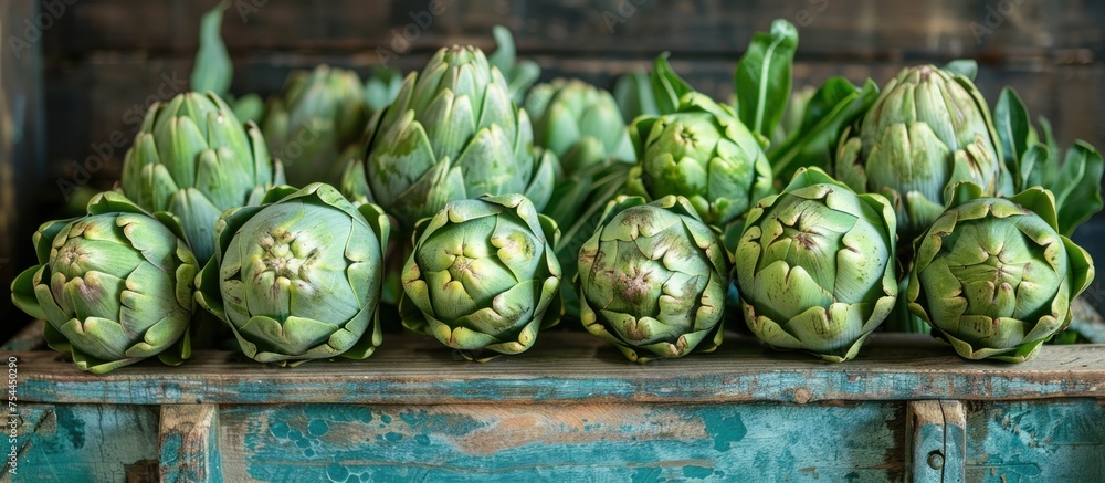 Poster a bunch of fresh artichokes neatly arranged on a table, showcasing their unique shape and color vari