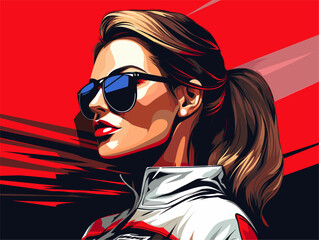 simple Vector in modern thin line style of car race girl - obrazy, fototapety, plakaty