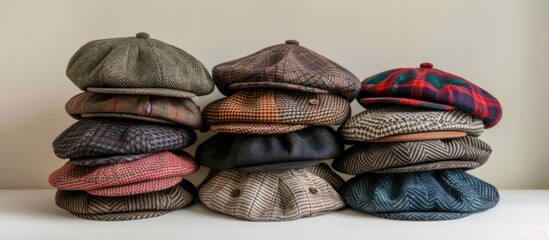Various classic wool newsboy caps stacked on top of a clean white table. The hats are different colors and styles, creating a visually interesting display. - obrazy, fototapety, plakaty