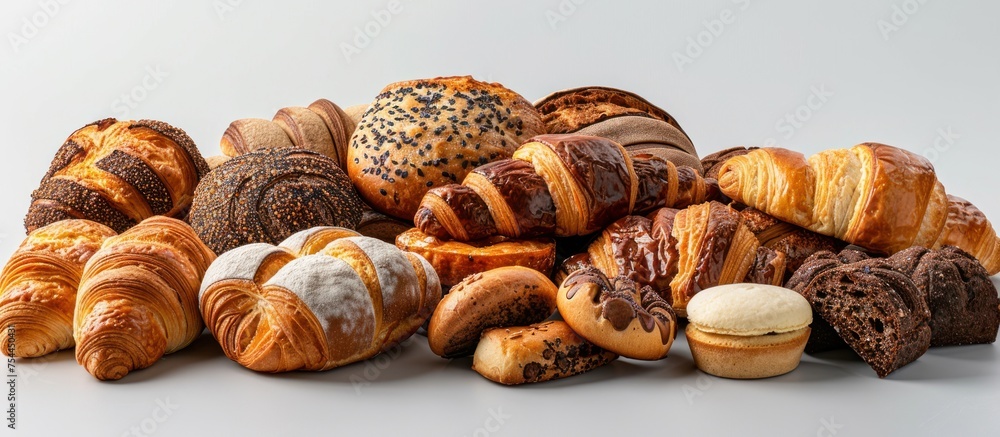 Poster a diverse assortment of various pastries arranged neatly in a stack on a surface.