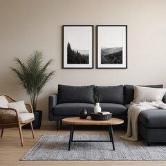 Modern scandinavian living room interior with black mock up poster frame, design bedside table, leaves in vase, black rattan basket, books and elegant accessories. Template. Stylish home decoration.
