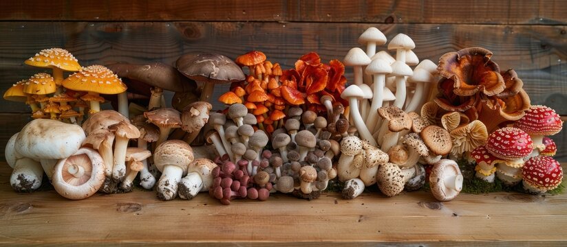 A variety of mushrooms sit on top of a wooden table.