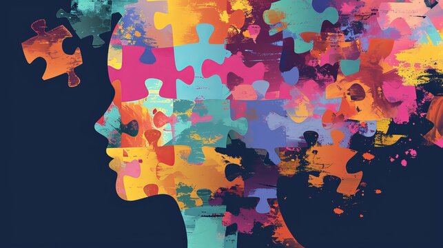 Mental Health Jigsaw: Illustration of Psychological Challenges as Puzzle Pieces