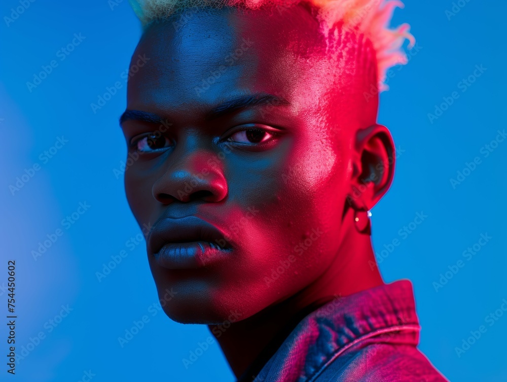 Poster a man with a shaved head and a beard is standing in front of a blue background. he has a serious exp