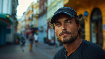 Obraz premium 20s white handsome man wearing a black cap and a black t-shirt is standing on a street