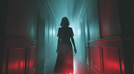 Silhouette of a woman in a misty, red-lit hallway evoking a cinematic feel.