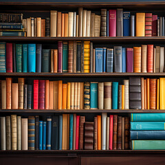 A stack of colorful books on a library shelf.