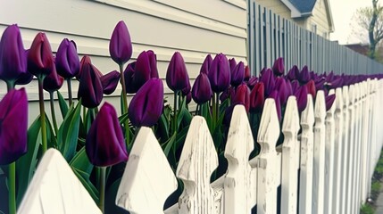 Purple tulips lined up along a white picket fence, slightly weathered. - Powered by Adobe