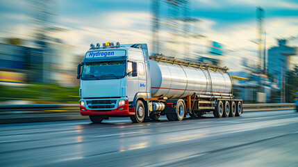 Truck with tank for delivering of hydrogen fuel. Fuel supply H2. - obrazy, fototapety, plakaty