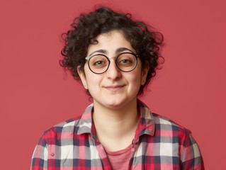 Obraz premium A woman with curly hair and glasses is smiling at the camera. She is wearing a red plaid shirt and a white shirt underneath