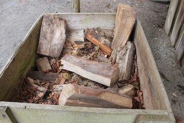 Old firewood in a wooden box. Canada.