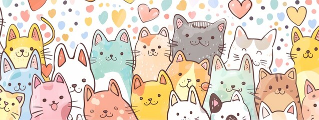 Colorful Cartoon Cats with Hearts Pattern

