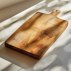 Brown wooden chopping board on the table with natural light and shadows. Mockup for food products ads.