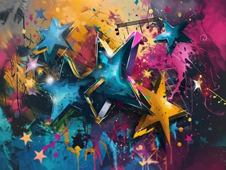 Poster A vibrant painting of colorful stars on electric blue background © tino