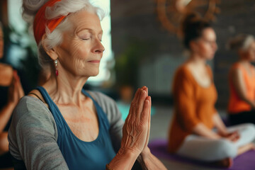 Yoga fitness, class and senior women training for elderly wellness, health and retirement self care...