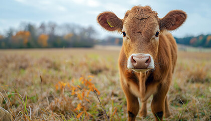 Portrait of brown calf on the agricultural farm pasture in autumn.