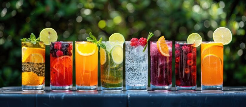 A line of glasses filled with different types of beverages, showcasing a variety of colors and textures.