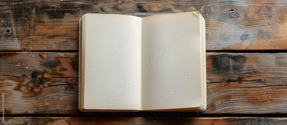 Poster an open book rests on top of a wooden table, ready to be read or written in. the blank pages invite 
