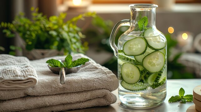 Tableware with a pitcher of cucumberinfused water