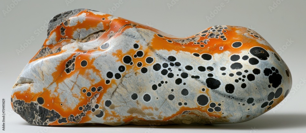 Poster an orange and white rock with distinct black spots on its surface, showcasing the unique patterns of