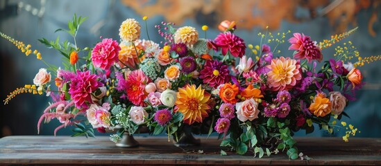 A variety of colorful flowers arranged in a bouquet are placed on a table surface.