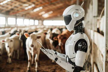 Autonomous robot powered AI technology working at livestock. Robot using digital tablet in front of cows, analyzing and monitoring performance of farm.