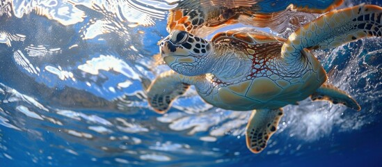 A juvenile green turtle gracefully swims through the clear ocean waters.