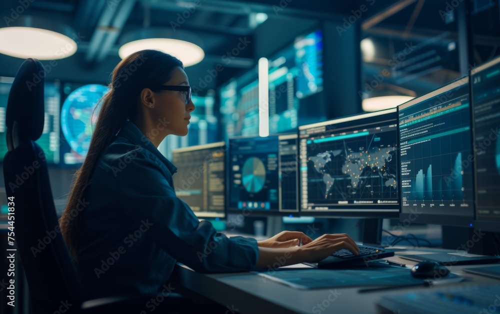 Poster a woman is sitting at a desk with a computer monitor in front of her. she is typing on a keyboard an