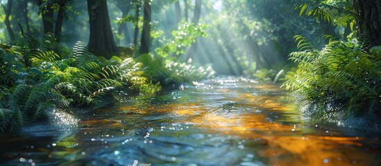 A stream winds its way through a dense and vibrant green forest, creating a peaceful and serene...